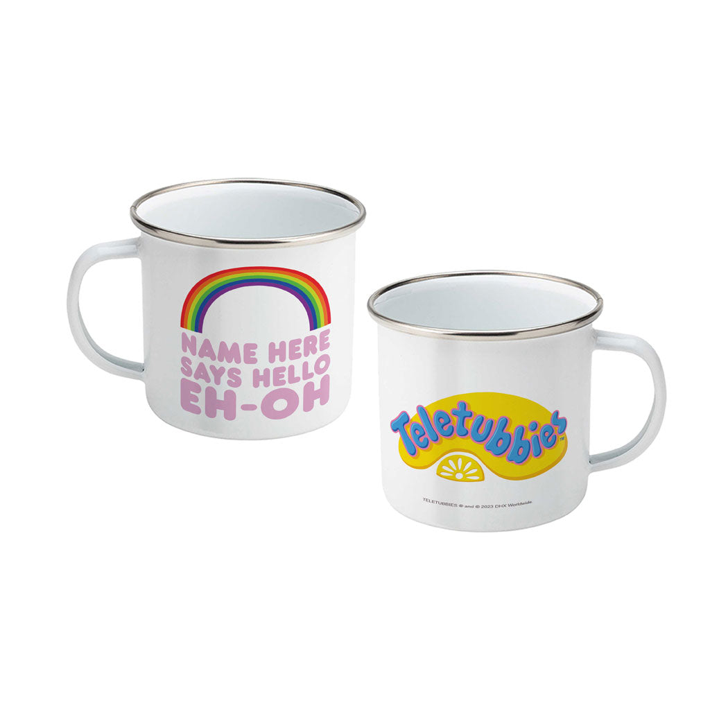 Personalised Says Hello Rainbow Enamel Mug