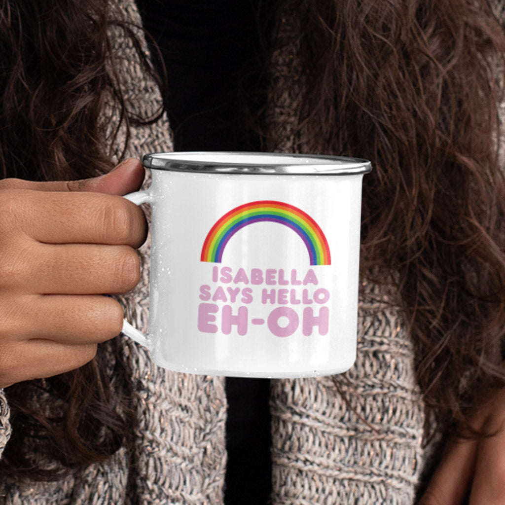 Personalised Says Hello Rainbow Enamel Mug